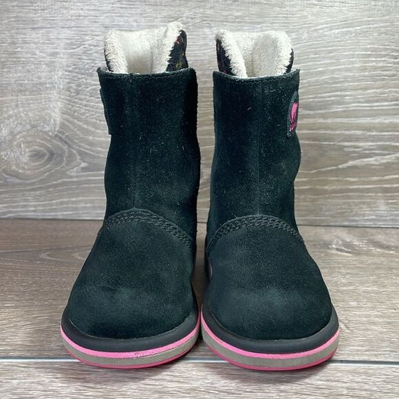 Sorel Rylee Waterproof Black Suede Warm Lined Pink Stars Toddler Girl Sz 8 Boots - Picture 2 of 13